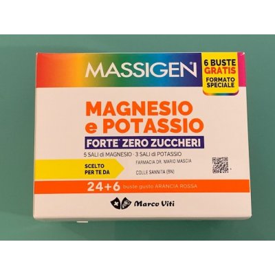 Massigen Magnesio Potassio Forte Zero Zuccheri integratore per stanchezza e affaticamento 24 bustine + 6 omaggio